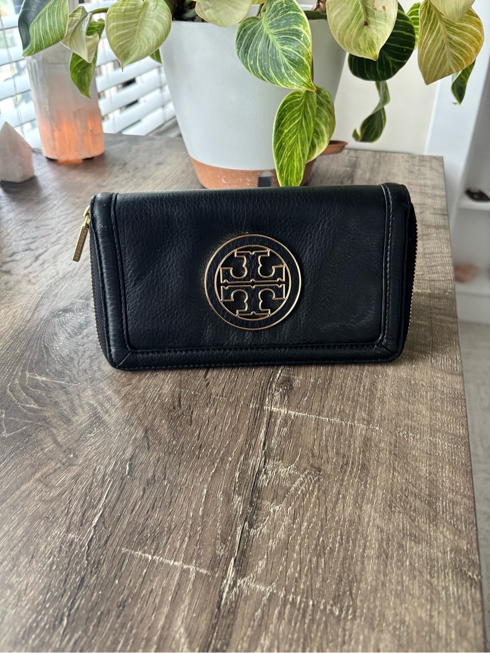 Tory Burch Black Leather Zip Wallet with Gold Logo Accent